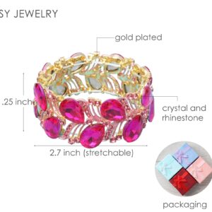 CSY Elegant Stretch Bangle Bracelets Bridal Art Deco Teardrop Crystal Elastic Wide Statement Bracelet for Women Party Prom (hot pink crystal-gold tone)