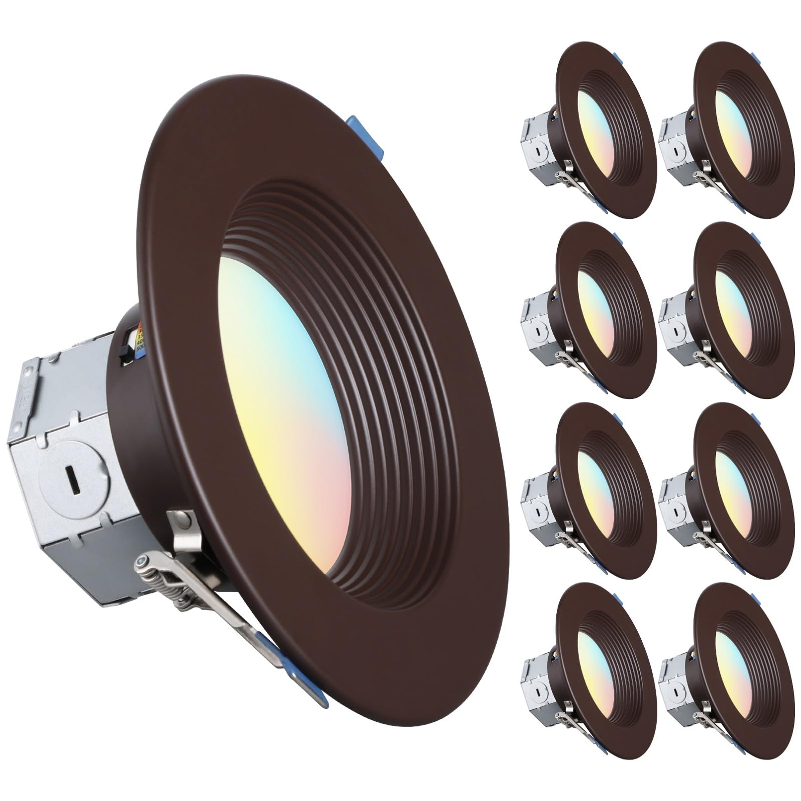 TORCHSTAR 8-Pack 5CCT 6 Inch LED Integrated Canless LED Recessed Lighting with J-Box, Anti-Glare Deep Baffle, CRI90 Dimmable Ceiling Downlight, ETL ES, 2700K3000K3500K4000K5000K, Oil Rubbed Bronze