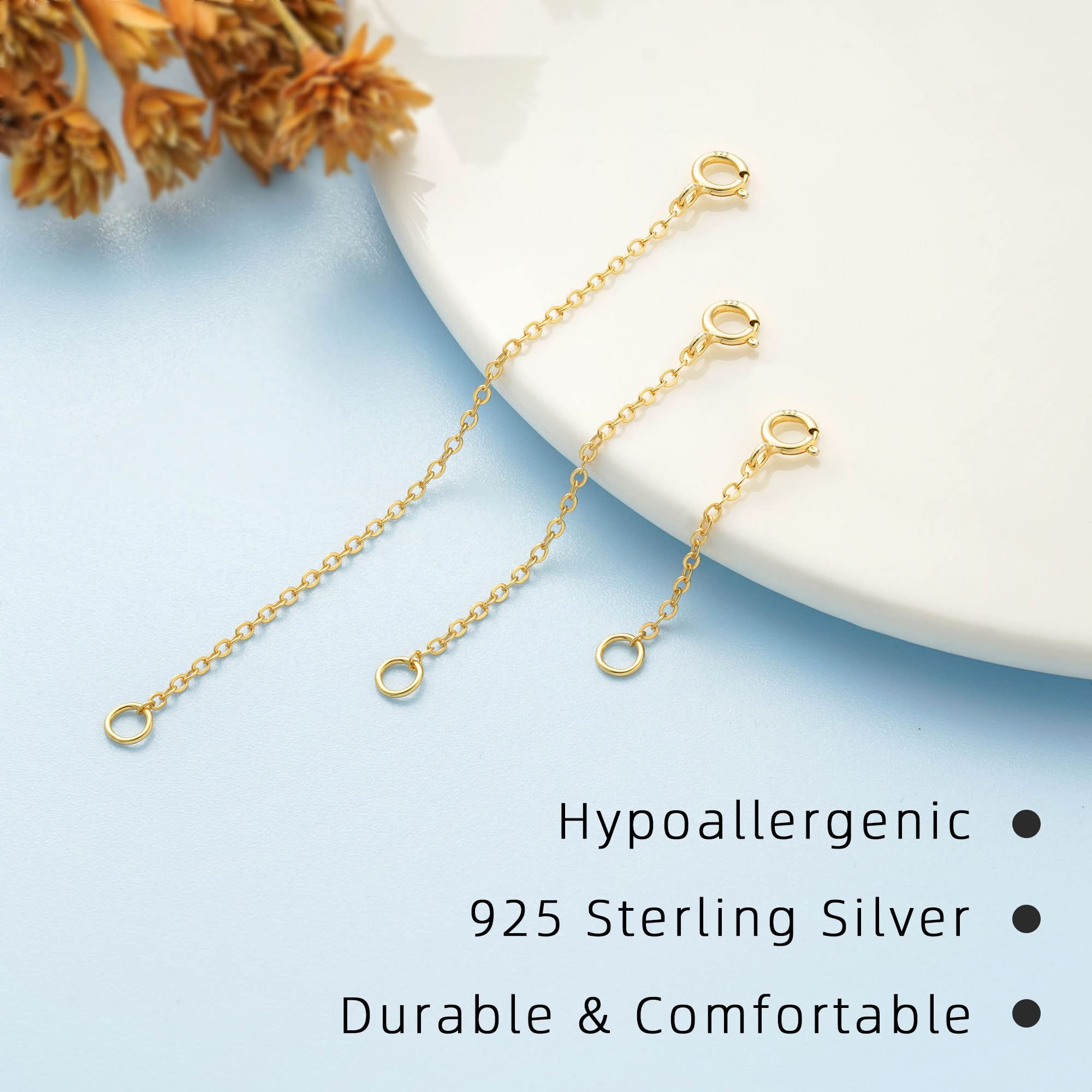 Gold Necklace Extenders 14k Gold Plated Extender Chain 925 Sterling Silver Extension Bracelet Extender Gold Chain Extenders for Necklaces 3 Pcs (1 2 3 Inch)(Gold)