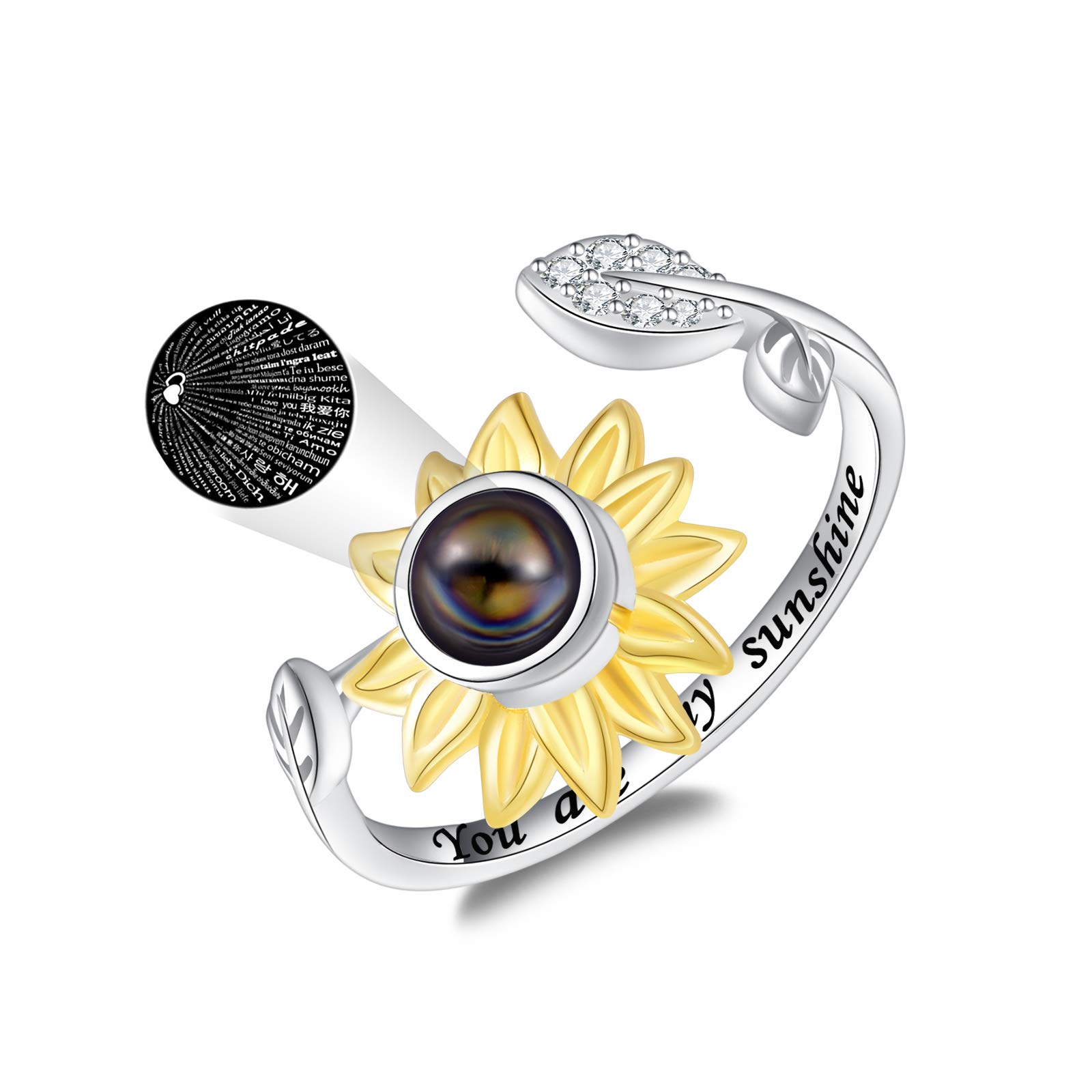 Fookduoduo Sunflower Ring for Women 925 Sterling Silver Jewelry You are My Sunshine Flower Ring Projection Finger Adjustable I Love You 100 Language Ring for Girlfriend Wife