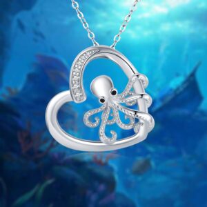 JUSTKIDSTOY Octopus Necklace for Women 925 Sterling Silver Heart Octopus Pendant Necklace Ocean Jewelry Graduation Gifts for Sea Lover