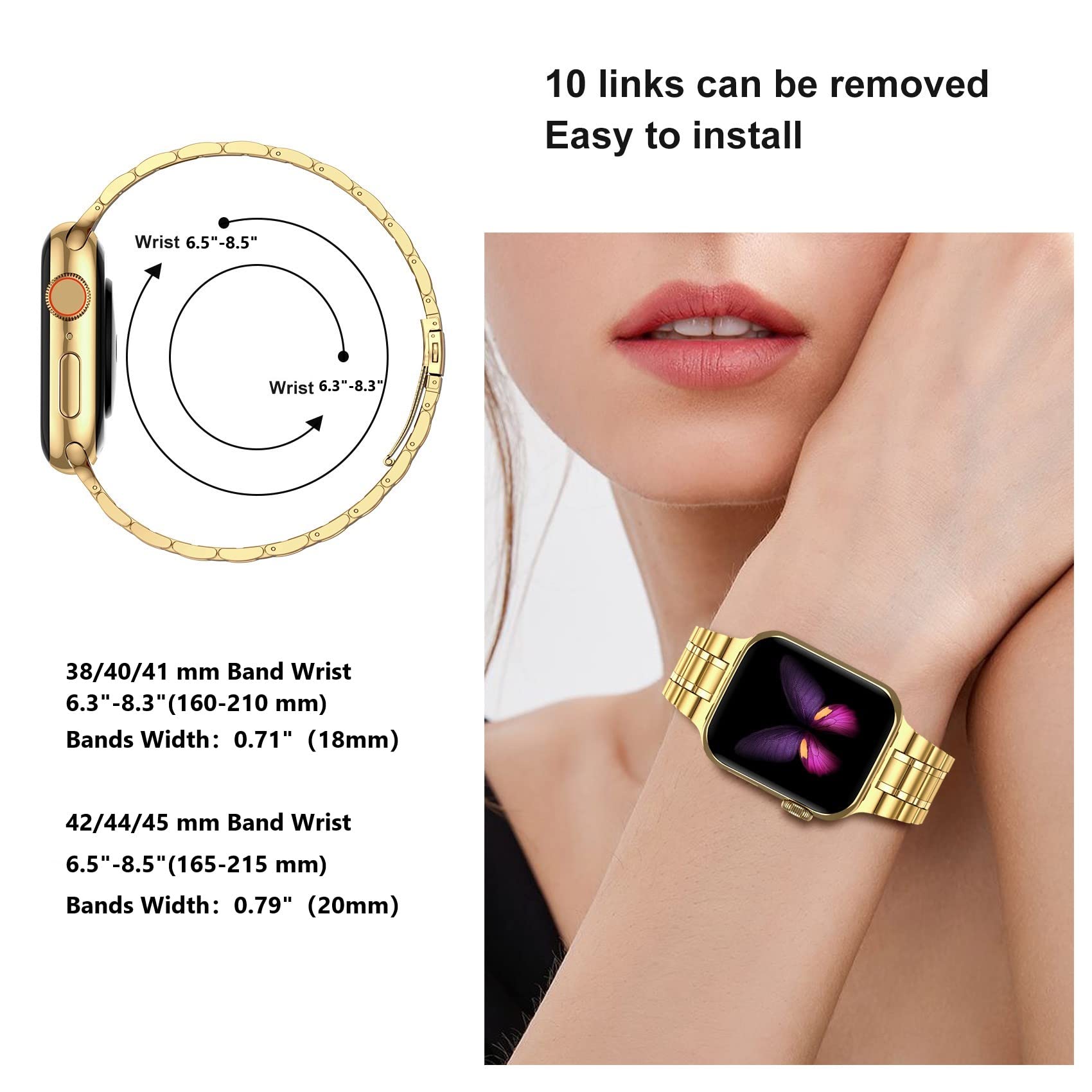 MioHHR Solid Stainless Steel Band Compatible with Apple Watch 38mm 40mm, Metal Strap for iWatch Series 6 5 4 3 2 1 SE Women and Men (Gold,38/40 mm)