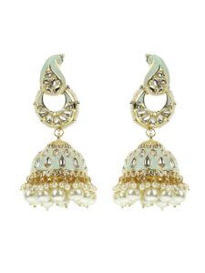 priyaasi mint green ethnic indian jhumka earring for women | trendy paisley chandbali design | kundan-studded | pearl drop| plating of gold | earrings for women with pushback closure