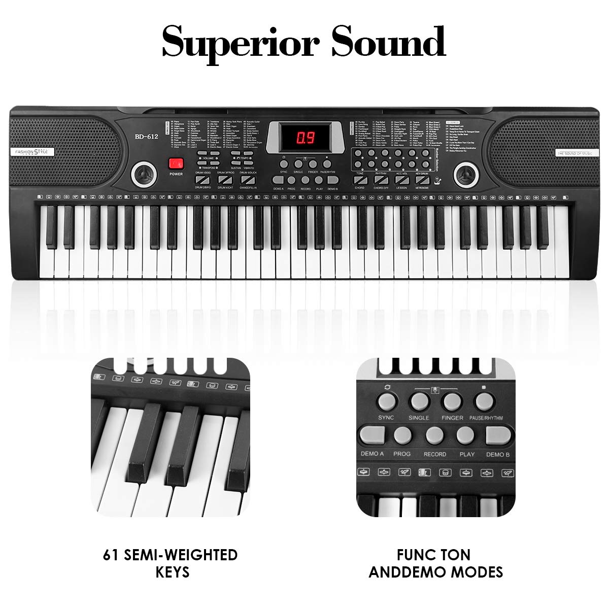 Heren 61 Keys Keyboard Piano, Electronic Digital Piano with Built-In Speaker Microphone, Sheet Stand and Power Supply, Portable Keyboard Gift Teaching for Beginners (Black)