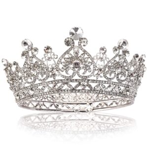 Yopay Crystal Queen Crowns, Full Round Women Bridal Diamond Crowns and Tiaras Cake Topper for Birthday Pageant Prom Wedding Party Christmas Halloween Costume, Silver