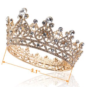 Yopay Gold Crowns, Full Round Diamond Crystal Bride Bridal Wedding Crowns and Tiaras Vintage Headband Hair Accessories for Women Birthday Prom Queen Pageant