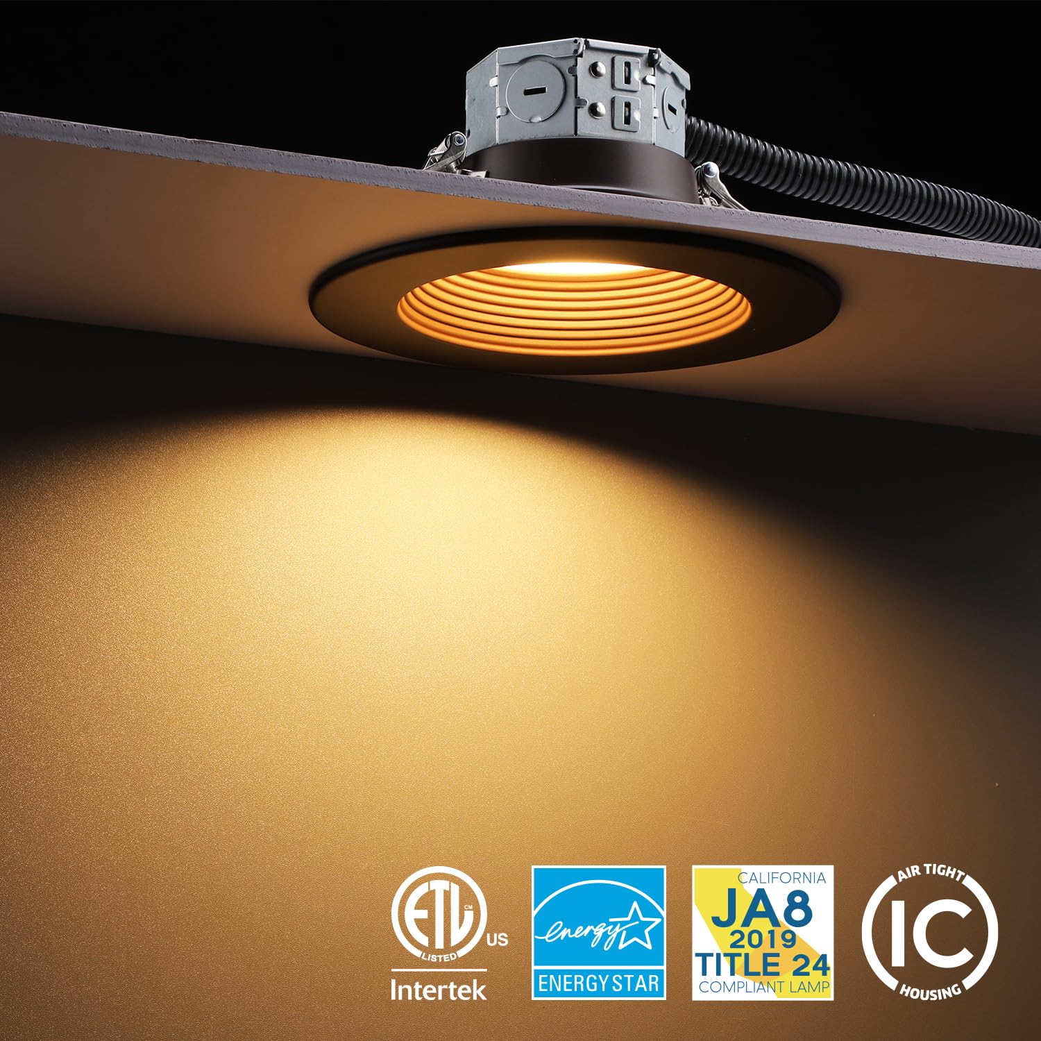 TORCHSTAR 8-Pack 5CCT 6 Inch LED Integrated Canless LED Recessed Lighting with J-Box, Anti-Glare Deep Baffle, CRI90 Dimmable Ceiling Downlight, ETL ES, 2700K3000K3500K4000K5000K, Oil Rubbed Bronze