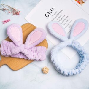 Whaline 4 Pack Easter Bunny Makeup Headband Rabbit Ear Spa Hair Band Coral Fleece Elastic Head Wrap Stretchy Headband for Party Face Washing Beauty Shower Women Girls (Blue, White, Gray, Purple)