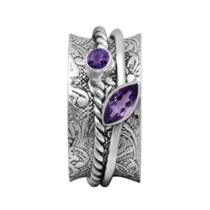 Shine Jewel Spinner Ring with Gemstones 925 Sterling Silver Fidget Band Meditation Ring for Men Women Anxiety Stress Relieving (Purple Amethyst, 9)