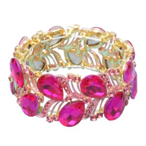 CSY Elegant Stretch Bangle Bracelets Bridal Art Deco Teardrop Crystal Elastic Wide Statement Bracelet for Women Party Prom (hot pink crystal-gold tone)