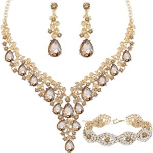 Paxuan Wedding Bridal Bridesmaid Austrian Crystal Rhinestone Jewelry Sets Statement Choker Necklace Earrings Bracelets Sets for Wedding Party Prom (Necklace + Earring + Bracelet (Champagne))