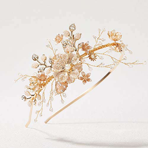 SWEETV Flower-Leaf Bridal Headband Gold Crystal Tiara for Women Pearl Wedding Headpieces for Bride Hair Accessories for Prom Birthday Party