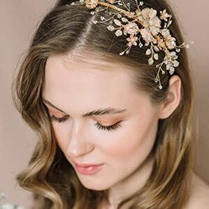 SWEETV Flower-Leaf Bridal Headband Gold Crystal Tiara for Women Pearl Wedding Headpieces for Bride Hair Accessories for Prom Birthday Party