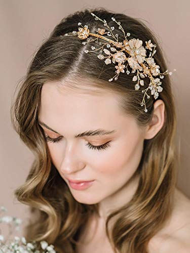 SWEETV Flower-Leaf Bridal Headband Gold Crystal Tiara for Women Pearl Wedding Headpieces for Bride Hair Accessories for Prom Birthday Party