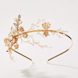 SWEETV Flower-Leaf Bridal Headband Gold Crystal Tiara for Women Pearl Wedding Headpieces for Bride Hair Accessories for Prom Birthday Party