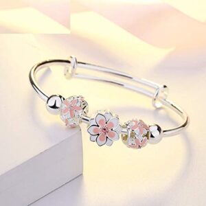 925 Sterling Silver Bangle Pink White Enamel Cherry Blossom Flower Bracelet for Women Lucky Bead Bracelet