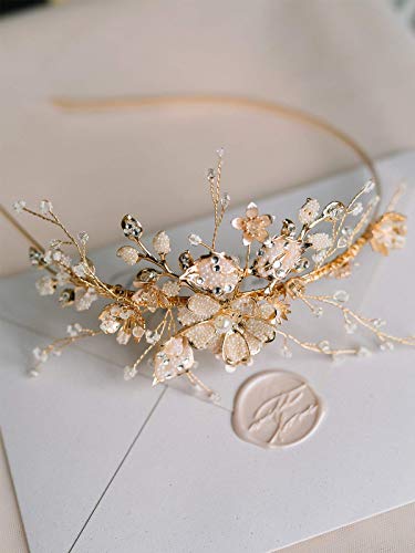 SWEETV Flower-Leaf Bridal Headband Gold Crystal Tiara for Women Pearl Wedding Headpieces for Bride Hair Accessories for Prom Birthday Party