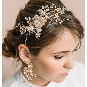 SWEETV Flower-Leaf Bridal Headband Gold Crystal Tiara for Women Pearl Wedding Headpieces for Bride Hair Accessories for Prom Birthday Party