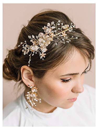 SWEETV Flower-Leaf Bridal Headband Gold Crystal Tiara for Women Pearl Wedding Headpieces for Bride Hair Accessories for Prom Birthday Party