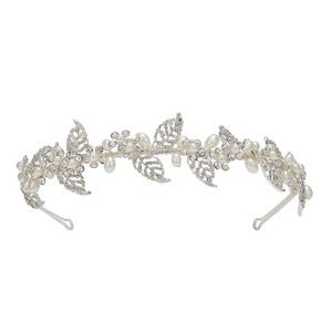 SWEETV Pearl Bridal Headband Silver Tiara for Bride Headpiece Crystal Leaf Wedding Hair Accessories Jewelry Tiaras for Women