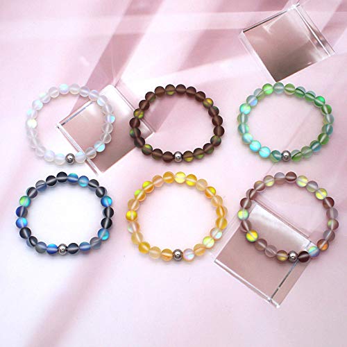 4 Pcs Mystic Mermaid Beaded Stretch Bracelet Handmade Round Glass 8mm Multicolor Matte Beads Elastic Shining Moonstone Beads Wristband Bracelet Matte Glitter Natural Stone Glass Jewelry - 4 Pcs