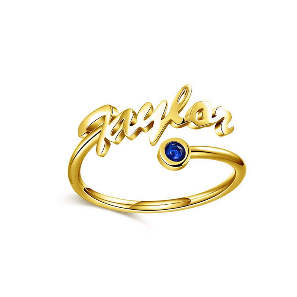 Suxerlry Personalized Name Ring for Women Custom Open Ring with Birthstone Promise Rings (Gold)