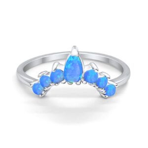 lab created blue opal size-6 curved band thumb ring pear round 925 sterling silver