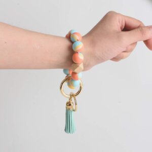 Coolcos Silicone Key Ring Bracelet for Women Portable Keychain Holder, Car Keychain Elastic Beaded Wristlet with Tassel (rainbow colorful)