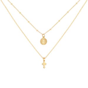 Dainty Tiny 18K Gold St Benedict Medals Layered Cross Necklace for Women Delicate Simple Cute Coin Pendant Statement Double Layering Chain Necklaces Evil Protection Religious Jewelry Catholic Gifts