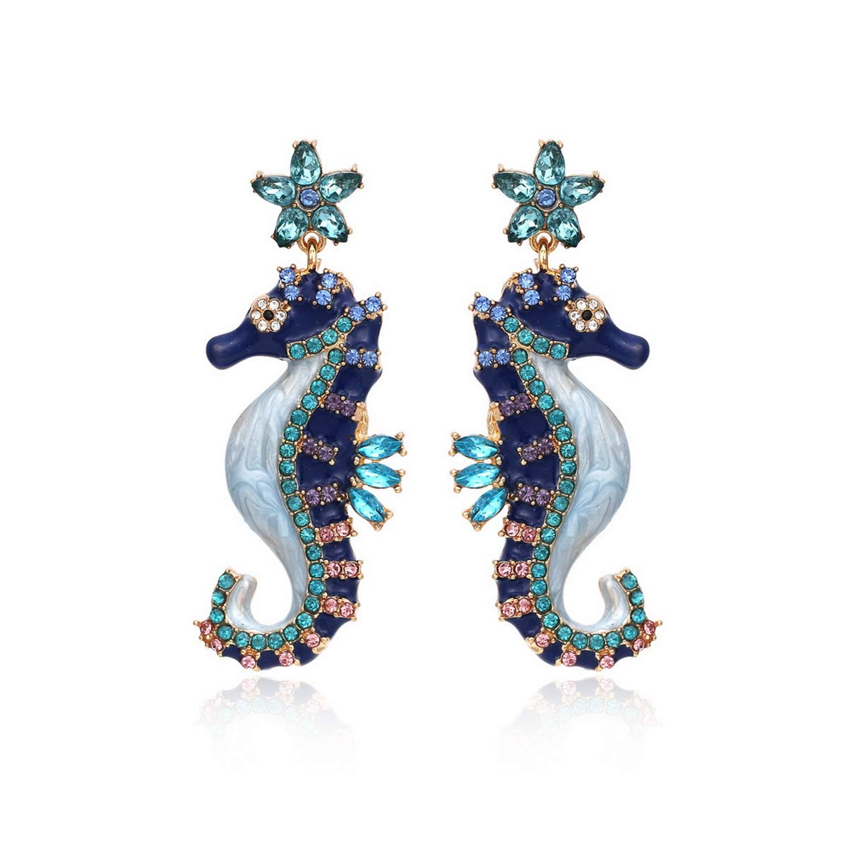 Stars and Seahorse Earrings - Navy Blue Cubic Zirconia Stars and Seahorse Dangle Earrings,Beach & Ocean Earrings Hypoallergenic,Cute Fish Earrings for Women/