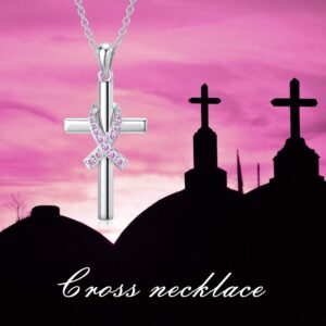 LEECCI 925 Sterling Silver Breast Cancer Awareness Necklace Cross Pendant Necklace Pink Ribbon Necklace Breast Cancer Survivor Gifts for Women