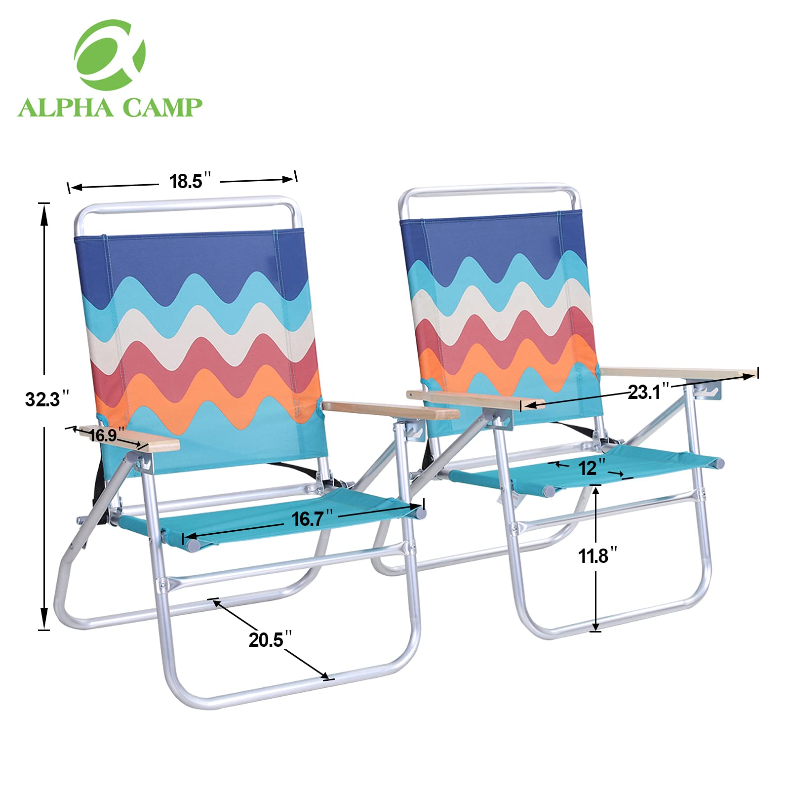 ALPHA CAMP Backpack Beach Chairs Set of 2 with Cooler Bag 3 Position Classic Lay Flat Folding Beach Chair with Backpack Strap Support 250lbs,Blue