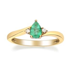 Gin & Grace 10K Yellow Gold Natural Zambian Emerald Ring with Natural Diamonds for women | Ethically, authentically & organically sourced Pear-cut Emerald hand-crafted jewelry for her