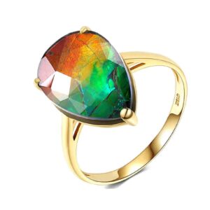 KnBoB Women Teardrop 3 Claws Pear Shape 2.15ct Ammolite Ring 18K Gold Promise Wedding Engagement Bridal Anniversary Ring Size 10.5