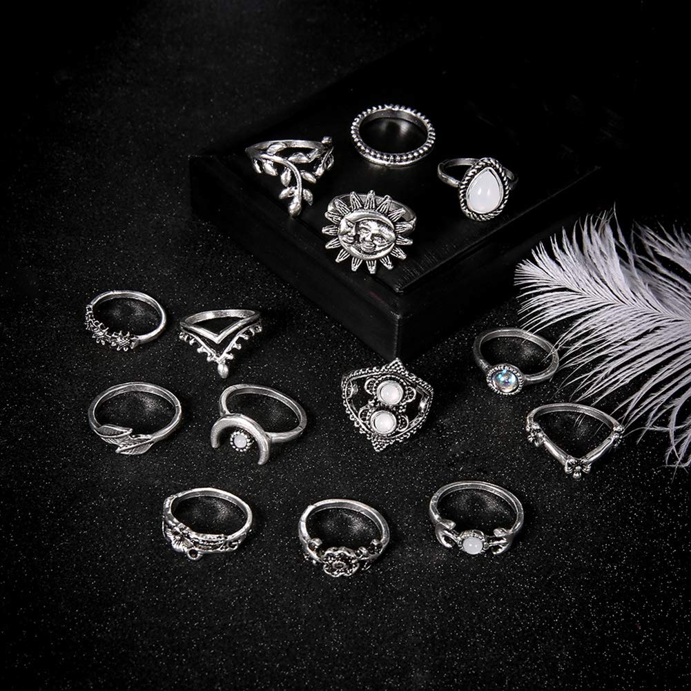 SEniutarm Engagement Love Rings Wedding Bands 14Pcs Vintage Sunflower Moon Finger Midi Knuckle Rings Set Women Party Jewelry for Women/Girl Finger Rings DIY Jewelry Gifts - Silver