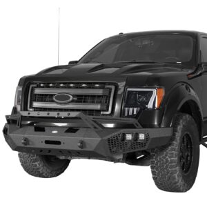 Hooke Road F150 Steel Black Front Bumper w/Winch Plate + Rear Bumper for 2009-2014 Ford F-150 (Exclude Raptor & Flareside) Pickup Truck