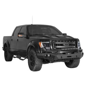 Hooke Road F150 Steel Black Front Bumper w/Winch Plate + Rear Bumper for 2009-2014 Ford F-150 (Exclude Raptor & Flareside) Pickup Truck