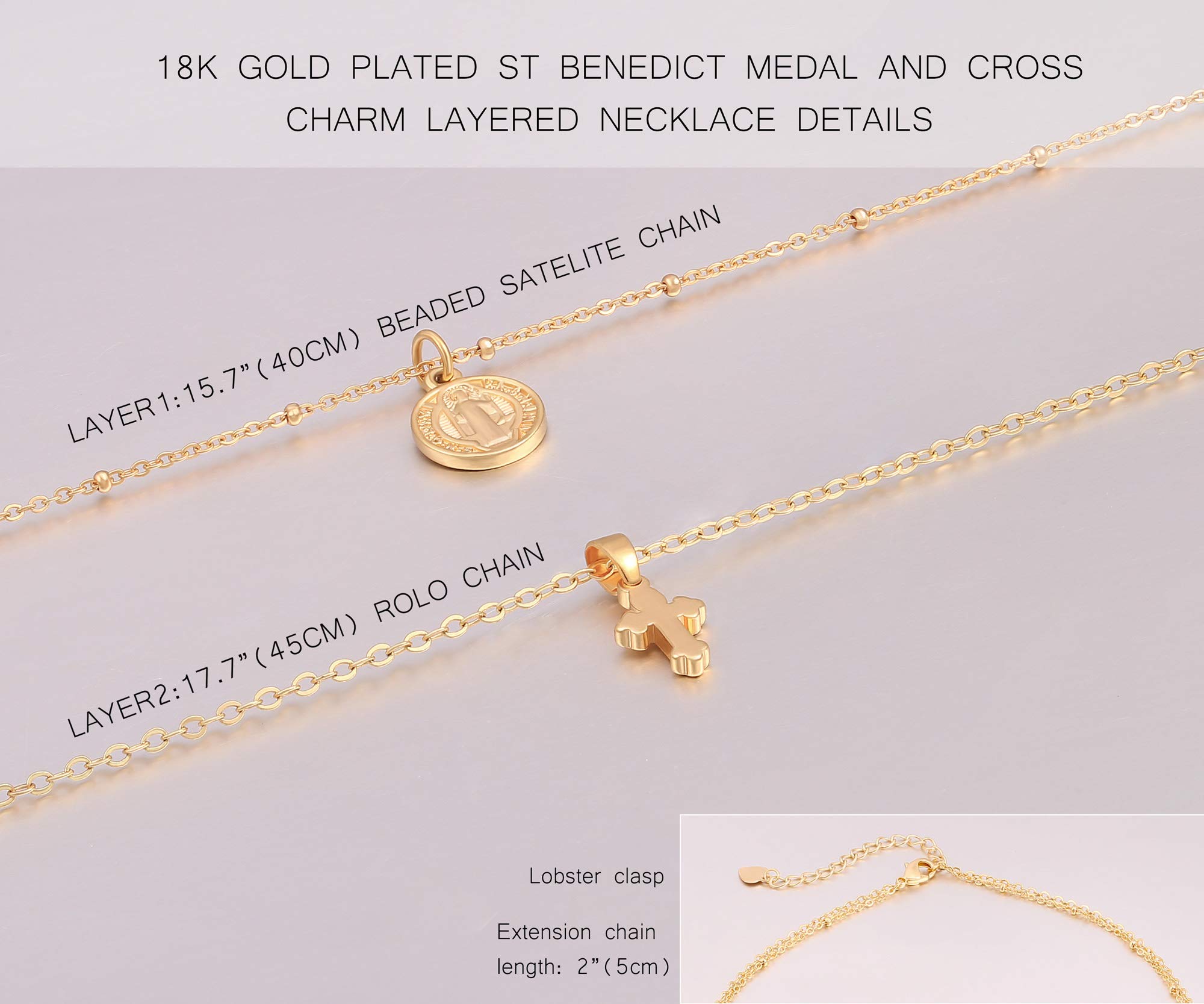 Dainty Tiny 18K Gold St Benedict Medals Layered Cross Necklace for Women Delicate Simple Cute Coin Pendant Statement Double Layering Chain Necklaces Evil Protection Religious Jewelry Catholic Gifts