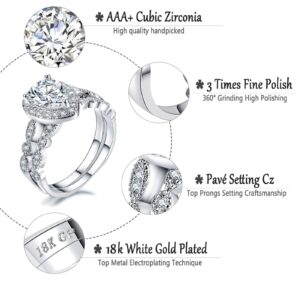 Ahloe Jewelry CEJUG 18k White Gold Plated Wedding Rings for Women Engagement Bands Bridal Set Pear Shape Teadrop 1.5Ct Cz Size 7