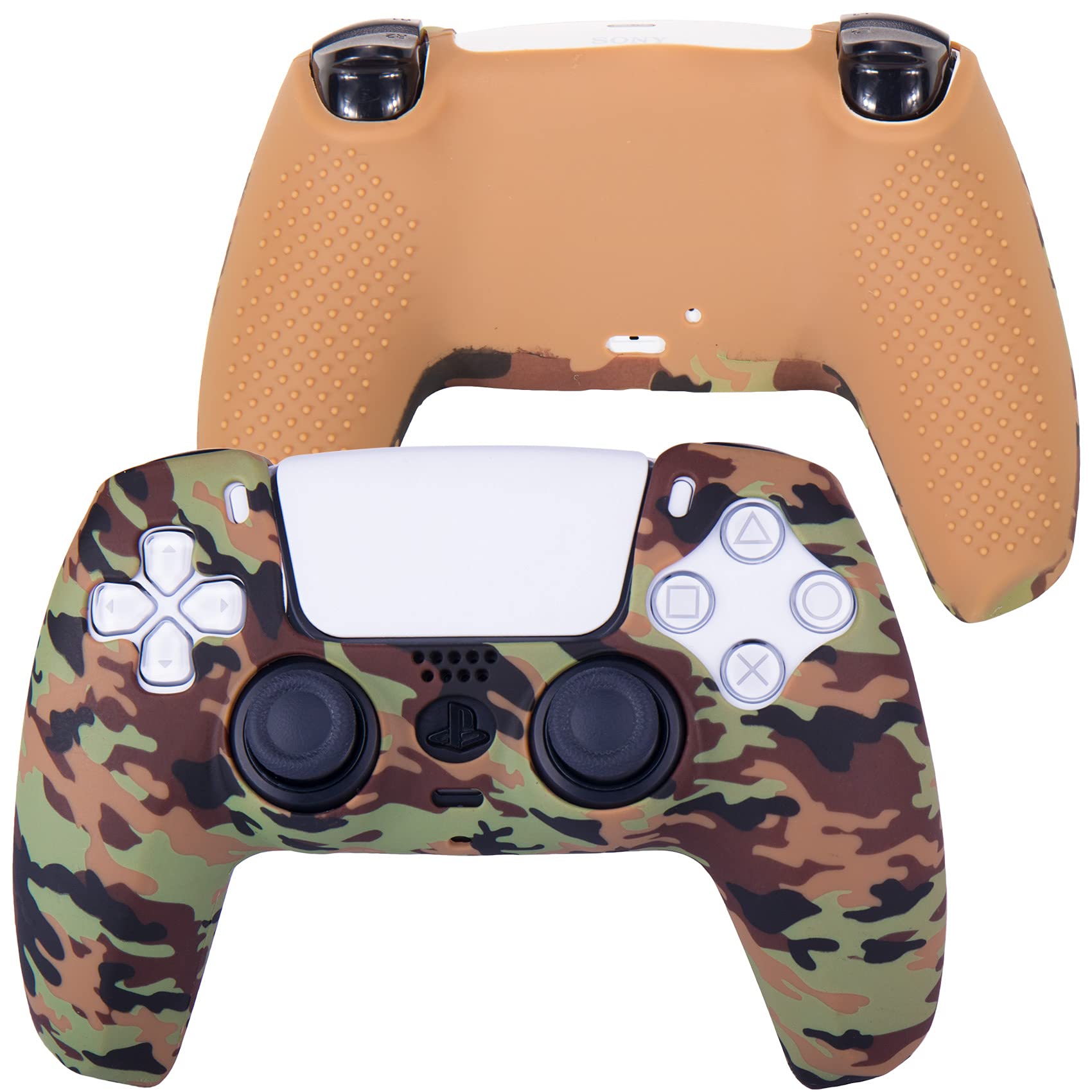 9CDeer 1 Piece of Silicone Transfer Print Protective Cover Skin + 10 Thumb Grips for PlayStation 5 / PS5 Controller Brown Camouflage