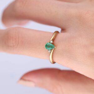 Gin & Grace 10K Yellow Gold Natural Zambian Emerald Ring with Natural Diamonds for women | Ethically, authentically & organically sourced Pear-cut Emerald hand-crafted jewelry for her