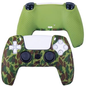 9CDeer 1 Piece of Silicone Transfer Print Protective Cover Skin + 10 Thumb Grips for Playstation 5 / PS5 Controller Dark Green