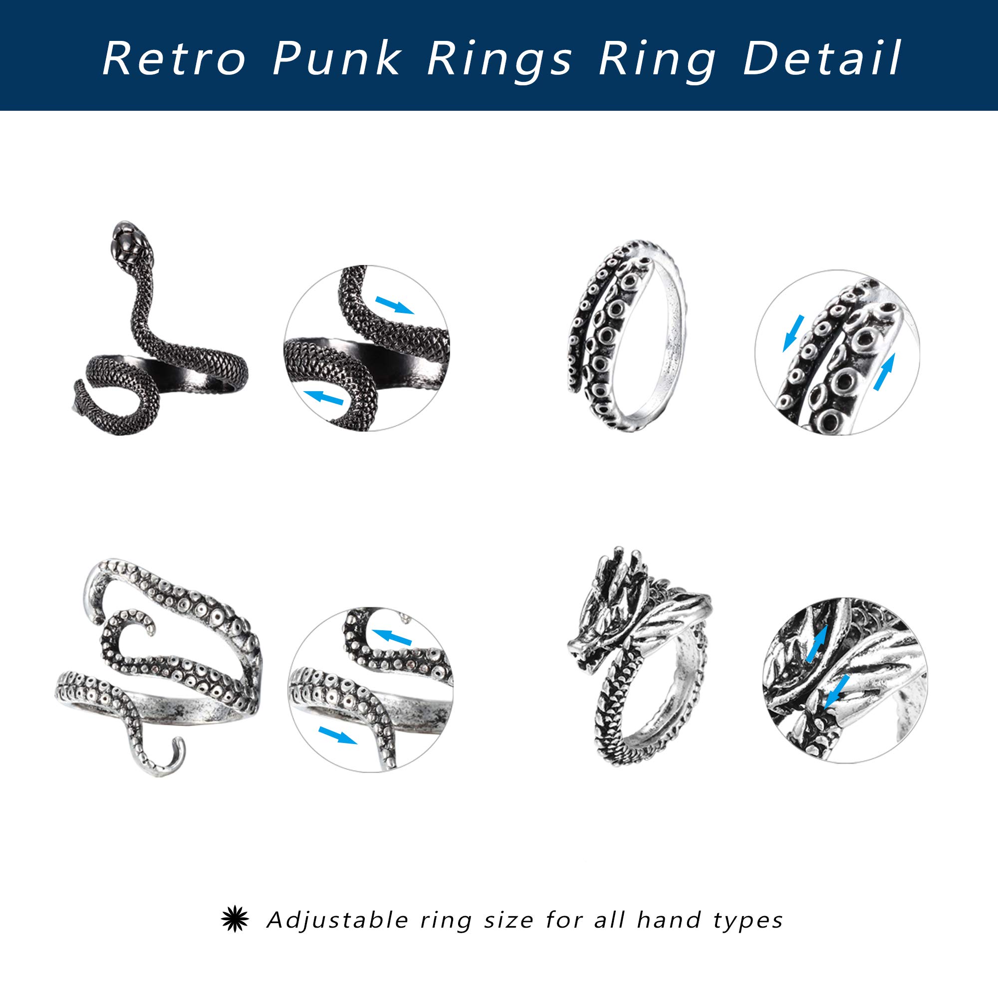 FIASASO 10 Pcs Vintage Punk Rings for Men Women Octopus Dragon Snake Ring Adjustable Cool Gothic Ring Set Jewelry skull …