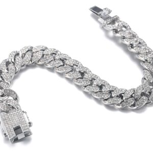 Halukakah Diamond Cuban Link Chain for Women 13.5MM Platinum White Gold Finish Bracelet 7",Full Cz Diamond Cut Prong Set,with Giftbox