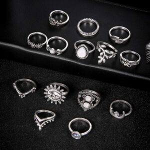 SEniutarm Engagement Love Rings Wedding Bands 14Pcs Vintage Sunflower Moon Finger Midi Knuckle Rings Set Women Party Jewelry for Women/Girl Finger Rings DIY Jewelry Gifts - Silver