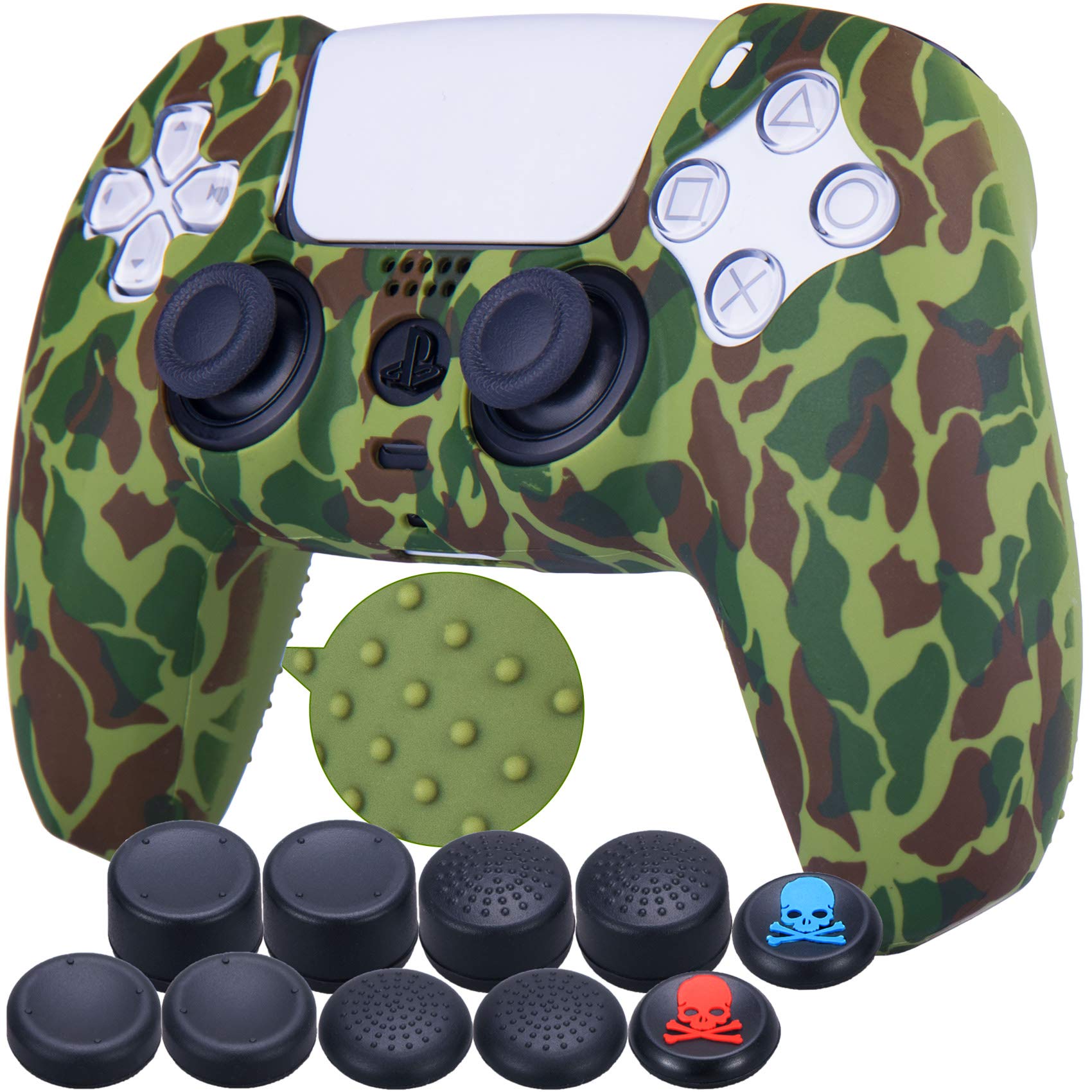 9CDeer 1 Piece of Silicone Transfer Print Protective Cover Skin + 10 Thumb Grips for Playstation 5 / PS5 Controller Dark Green