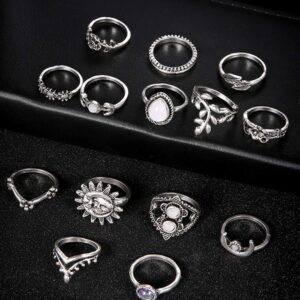 SEniutarm Engagement Love Rings Wedding Bands 14Pcs Vintage Sunflower Moon Finger Midi Knuckle Rings Set Women Party Jewelry for Women/Girl Finger Rings DIY Jewelry Gifts - Silver