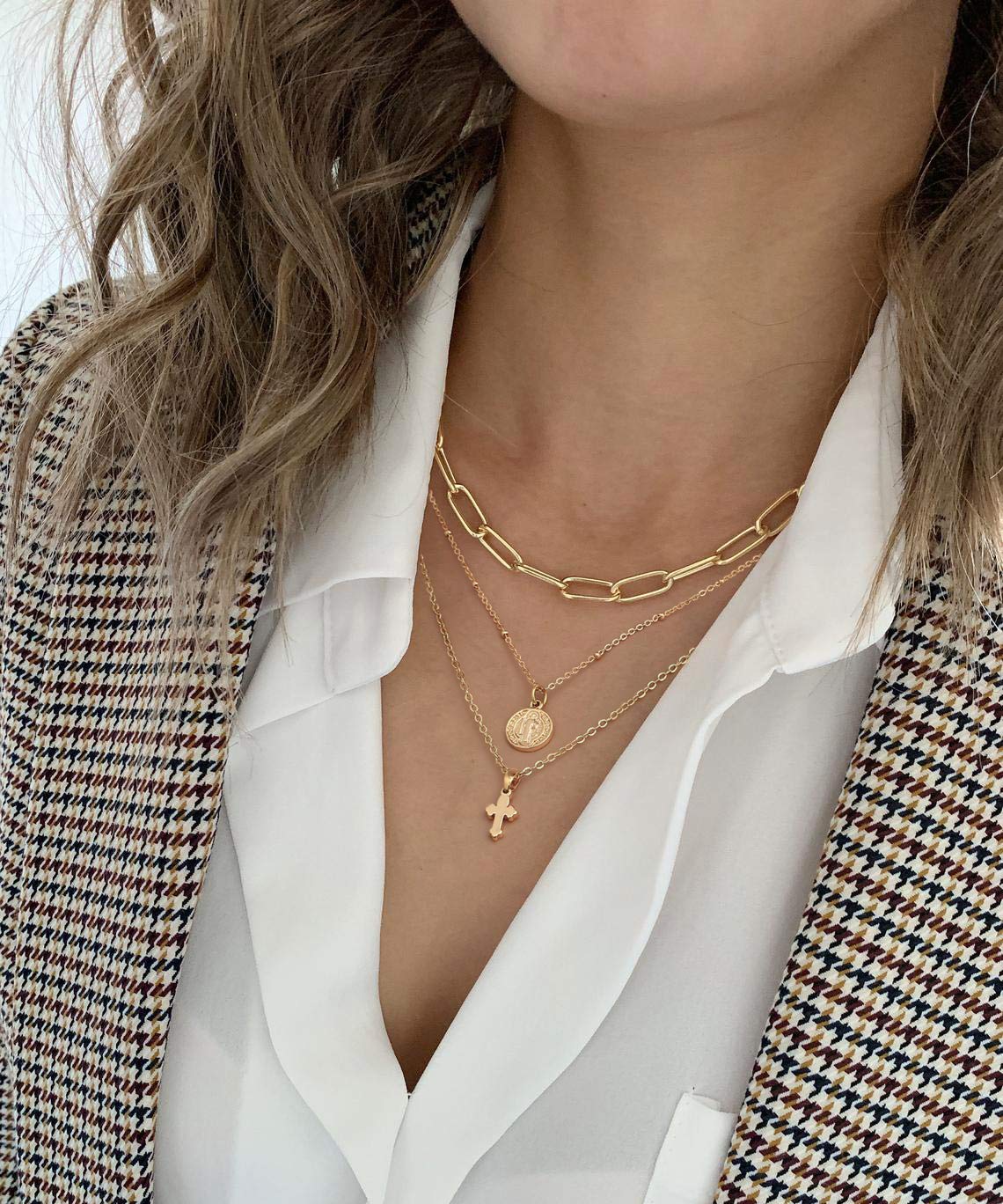 Dainty Tiny 18K Gold St Benedict Medals Layered Cross Necklace for Women Delicate Simple Cute Coin Pendant Statement Double Layering Chain Necklaces Evil Protection Religious Jewelry Catholic Gifts