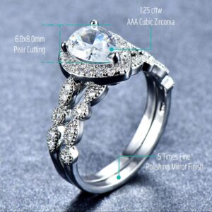 Ahloe Jewelry CEJUG 18k White Gold Plated Wedding Rings for Women Engagement Bands Bridal Set Pear Shape Teadrop 1.5Ct Cz Size 7