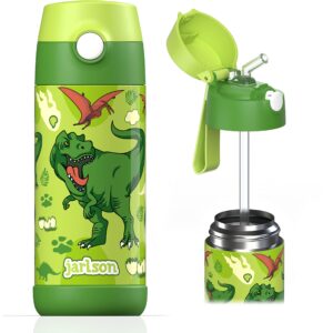 Jarlson kids water bottle with straw - CHARLI - insulated stainless steel water bottle - thermos - girls/boys (Dinosaur 'Star', 12 oz)